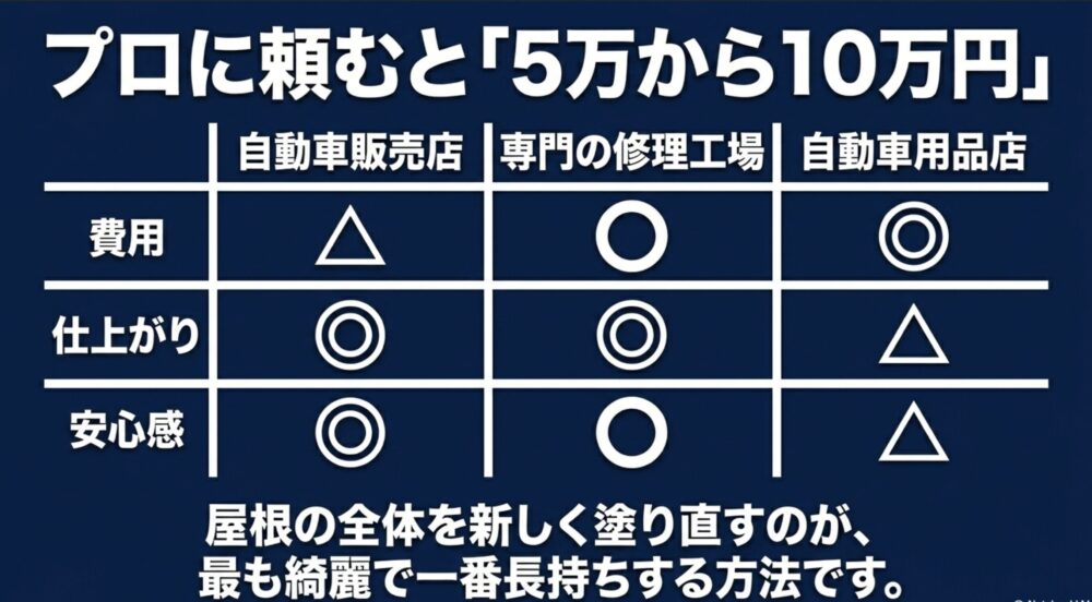 自動車販売店、専門の修理工場、自動車用品店それぞれの塗装修理費用の目安と、屋根全体を新しく塗り直す方法が最も長持ちすることを解説したスライド