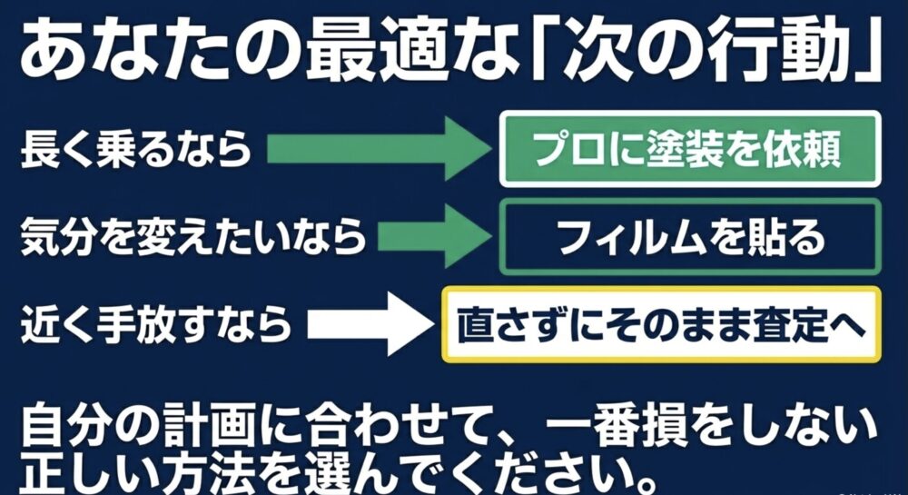長く乗るならプロに塗装依頼、気分を変えたいならフィルム、近く手放すなら直さず査定へという、目的別の最適な次の行動をまとめたスライド