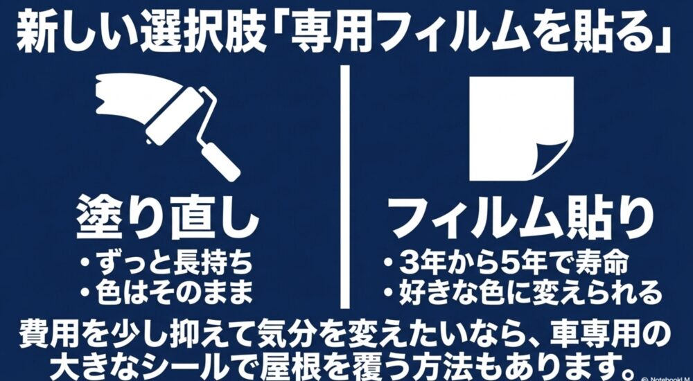 車の屋根の塗装修理の代わりとなる、専用フィルムを貼る方法（寿命3〜5年）と、通常の塗り直しを比較したスライド