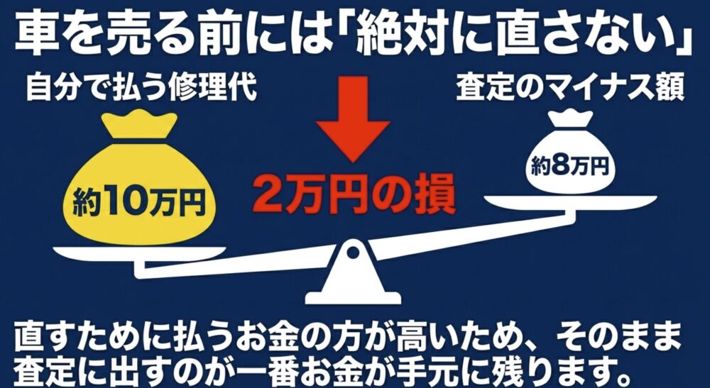 車を売る前に自費で屋根の修理をすると、査定のマイナス額よりも自分で払う修理代の方が高くなり、結果的に損をしてしまうことを解説したスライド