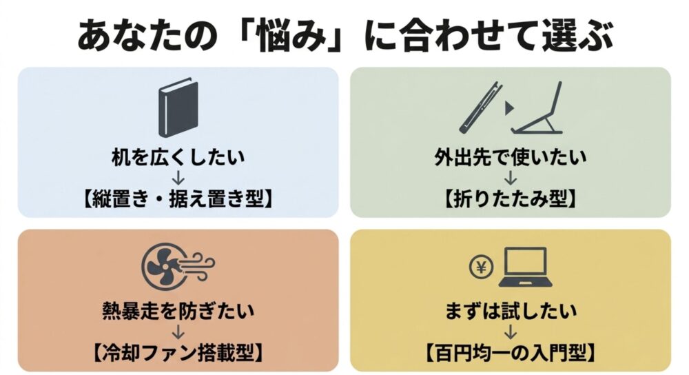 あなたの「悩み」に合わせて選ぶための4つのアプローチ（縦置き・据え置き型、折りたたみ型、冷却ファン搭載型、百円均一の入門型）をまとめた図。