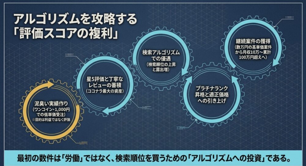 低単価での実績作りから始まり、良い評価の蓄積が検索順位の上昇や高単価案件の獲得に繋がる「評価スコアの複利」を図解