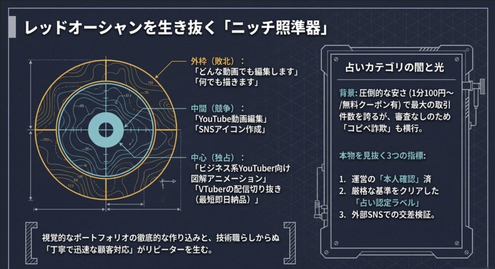 激戦区のカテゴリにおいて、「何でも屋」を脱却しターゲットを絞り込むニッチ戦略の重要性を示す照準器の図