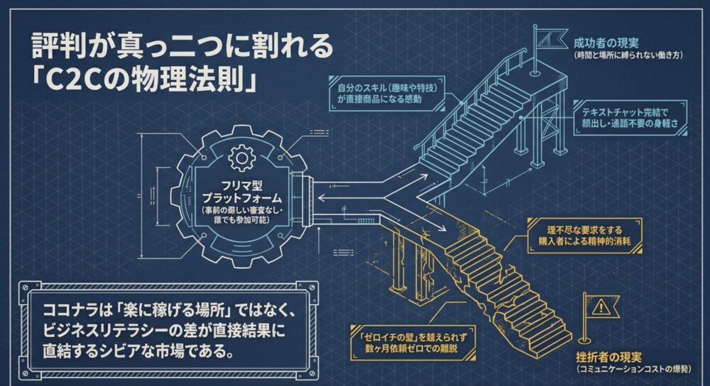 ココナラの評判が、ビジネスリテラシーの差によって成功者と挫折者で真っ二つに分かれる構造を解説した階段の図