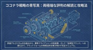 ココナラの評価アルゴリズムや防衛策など、プラットフォーム攻略の全体像を描いた青写真の図解