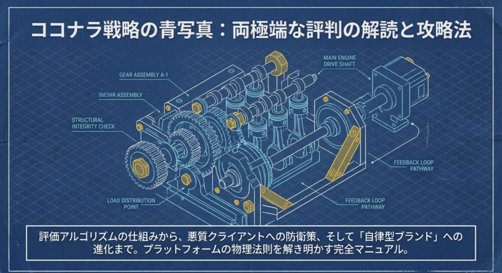 ココナラの評価アルゴリズムや防衛策など、プラットフォーム攻略の全体像を描いた青写真の図解