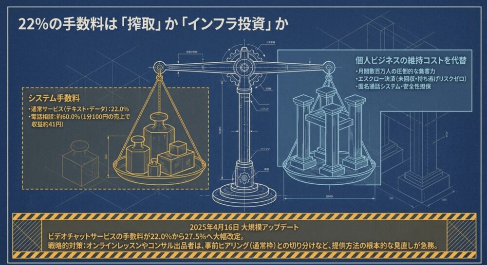 22%のシステム手数料が、集客力やエスクロー決済など個人ビジネスのインフラ維持コストとして機能していることを示す天秤の図