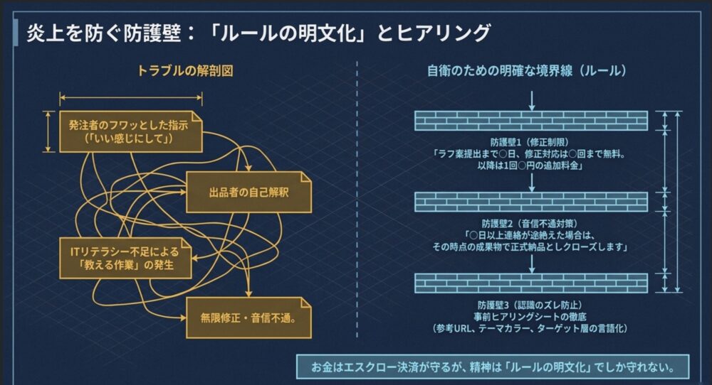 修正制限や音信不通対策、事前ヒアリングの徹底など、クライアントとのトラブルを防ぐための防護壁の作り方を示す図