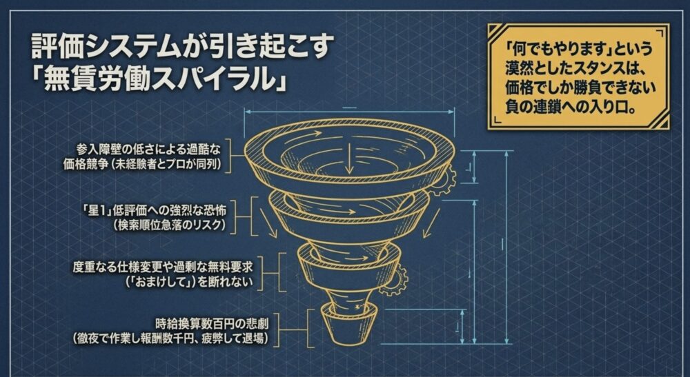 低評価への恐怖から過剰な無料要求を断れず、時給換算で数百円の無賃労働スパイラルに陥っていく構造を示す図