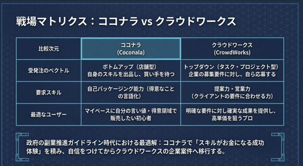 ココナラとクラウドワークスにおける受発注の方向性や要求スキル、最適なユーザー層の違いをまとめた比較マトリクス
