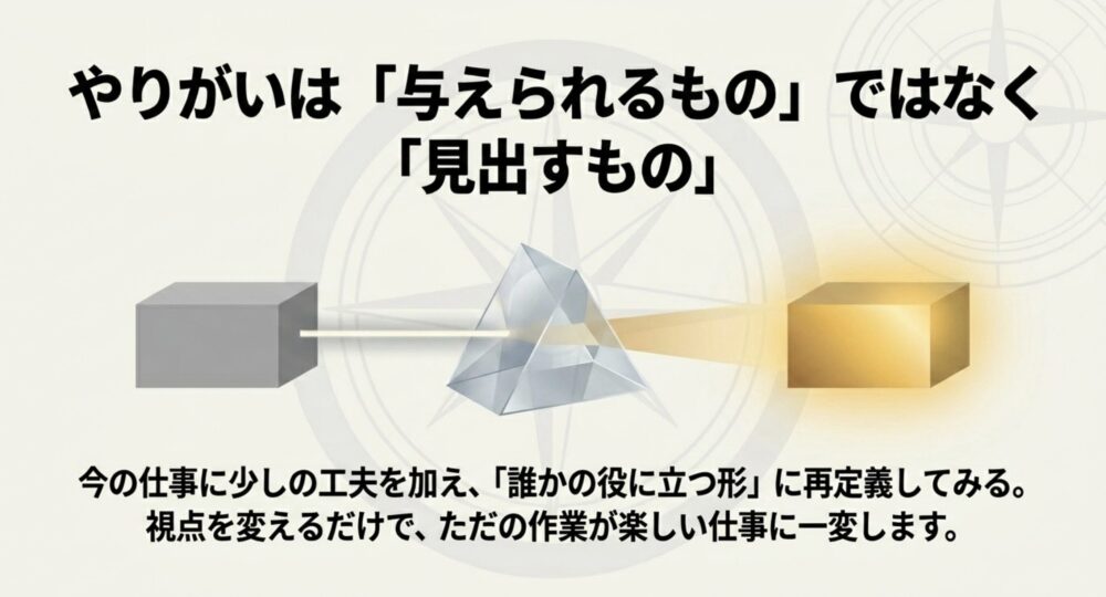 やりがいは与えられるものではなく見出すもの。今の仕事に少しの工夫を加え、誰かの役に立つ形に再定義してみるという図解