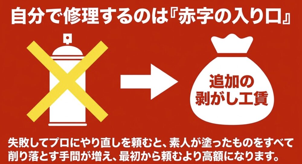 自分で車の屋根を塗装して失敗した場合、プロにやり直しを頼むと素人が塗ったものを削り落とす追加の剥がし工賃がかかり、かえって高額になるリスクを解説したスライド