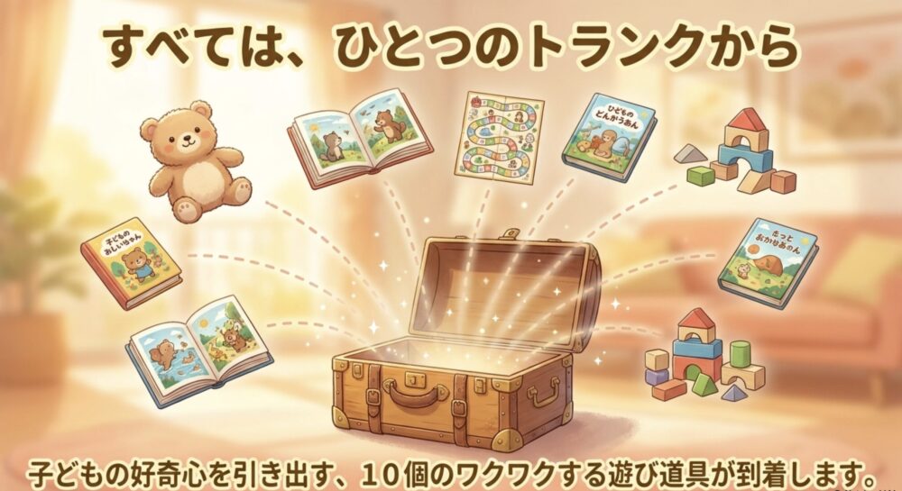 ひとつのトランクに子どもの好奇心を引き出す10個の遊び道具が詰まって到着することを示すスライド