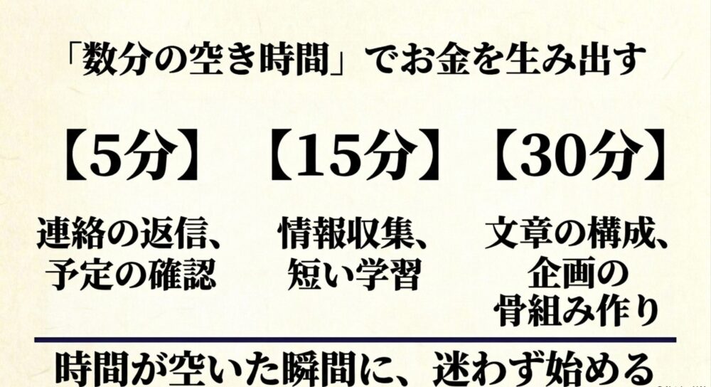 「数分の空き時間」でお金を生み出す。時間が空いた瞬間に、迷わず始める。5分は連絡の返信や予定の確認、15分は情報収集や短い学習、30分は文章の構成や企画の骨組み作り