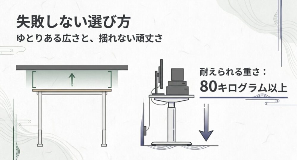 ゆとりある広さと揺れない頑丈さ、80キログラム以上の耐荷重という昇降デスクの失敗しない選び方を解説したスライド