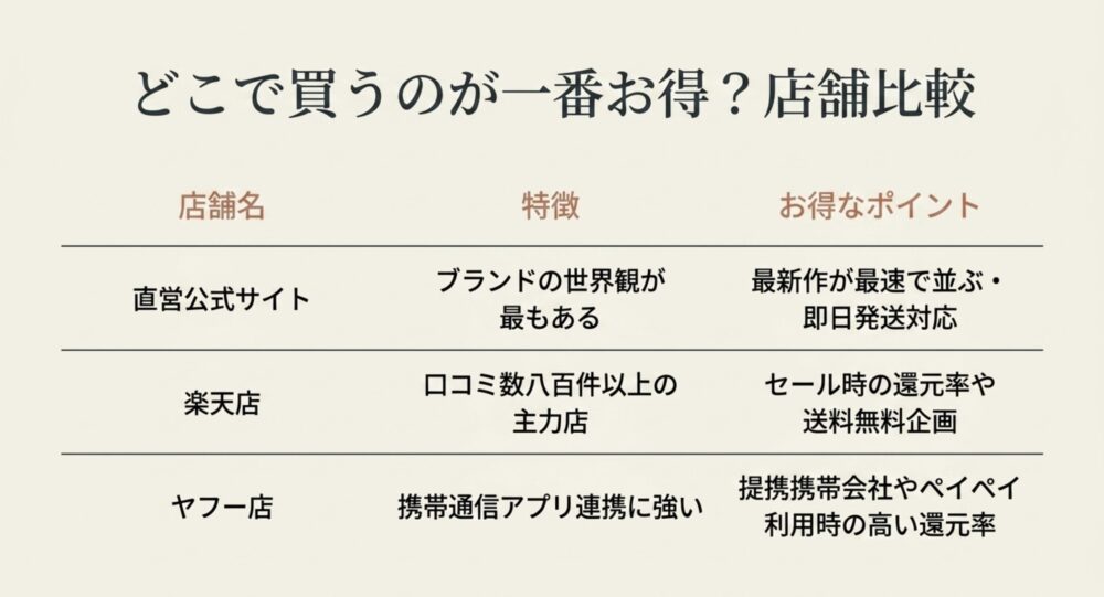 直営サイト、楽天店、ヤフー店それぞれの特徴と、どこで買うのがお得かをまとめた比較表スライド
