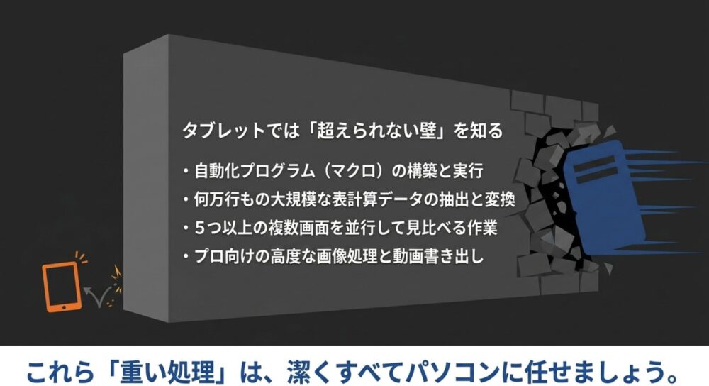 タブレットでは超えられない壁。マクロ構築や大規模データ抽出などの重い処理はパソコンに任せる