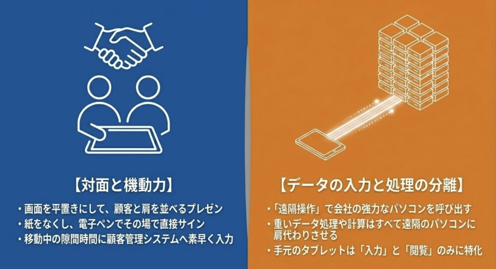 対面での機動力を活かした電子サインと、遠隔操作によるデータの入力と処理の分離