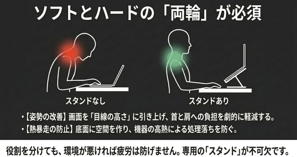 ソフトとハードの両輪が必須。専用スタンドによる姿勢の改善と熱暴走の防止
