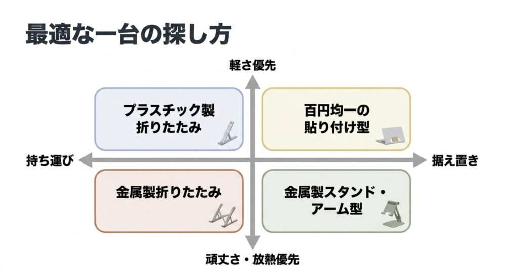 「最適な一台の探し方」として、軽さ・頑丈さと持ち運び・据え置きの2軸で、プラスチック製折りたたみ、百円均一の貼り付け型、金属製折りたたみ、金属製スタンド・アーム型の4つを分類したマトリクス図。