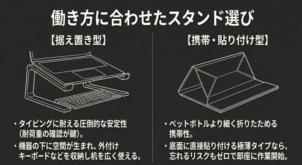 働き方に合わせたスタンド選び。据え置き型の安定性と携帯・貼り付け型の機動力