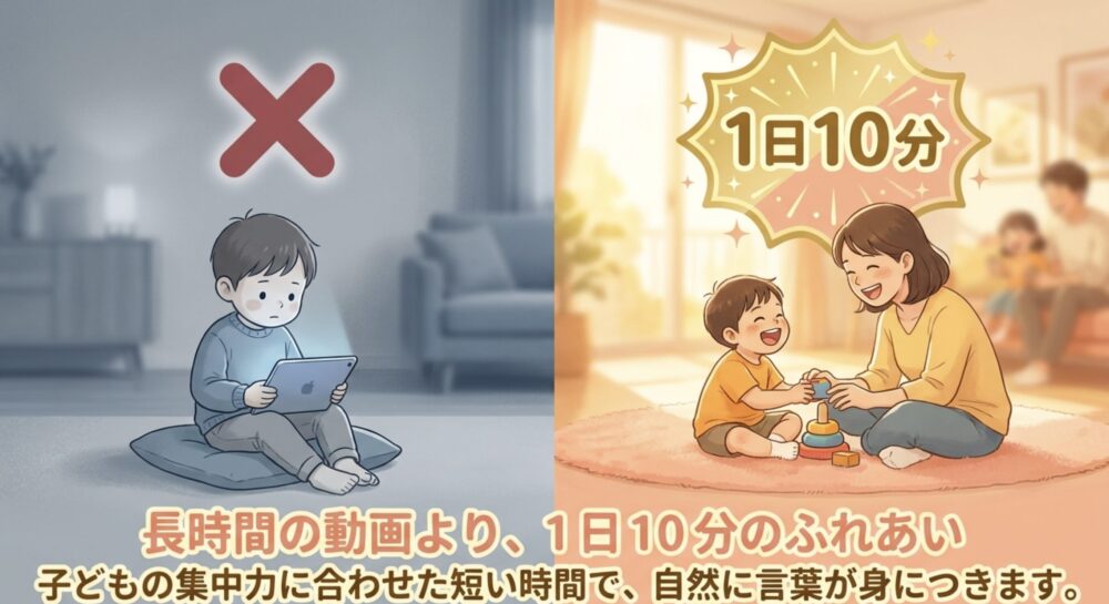 長時間の動画より1日10分のふれあいを重視し、子どもの集中力に合わせて自然に言葉が身につくことを説明するスライド
