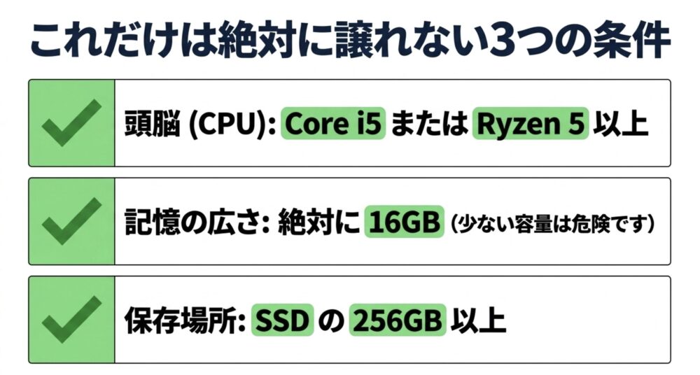 これだけは絶対に譲れない3つの条件。頭脳（CPU）はCore i5またはRyzen 5以上、記憶の広さは絶対に16GB、保存場所はSSDの256GB以上。