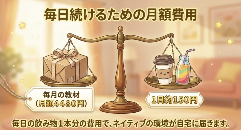 毎月の教材費は月額4480円、1日約150円でネイティブの環境が自宅に届くことを示すスライド