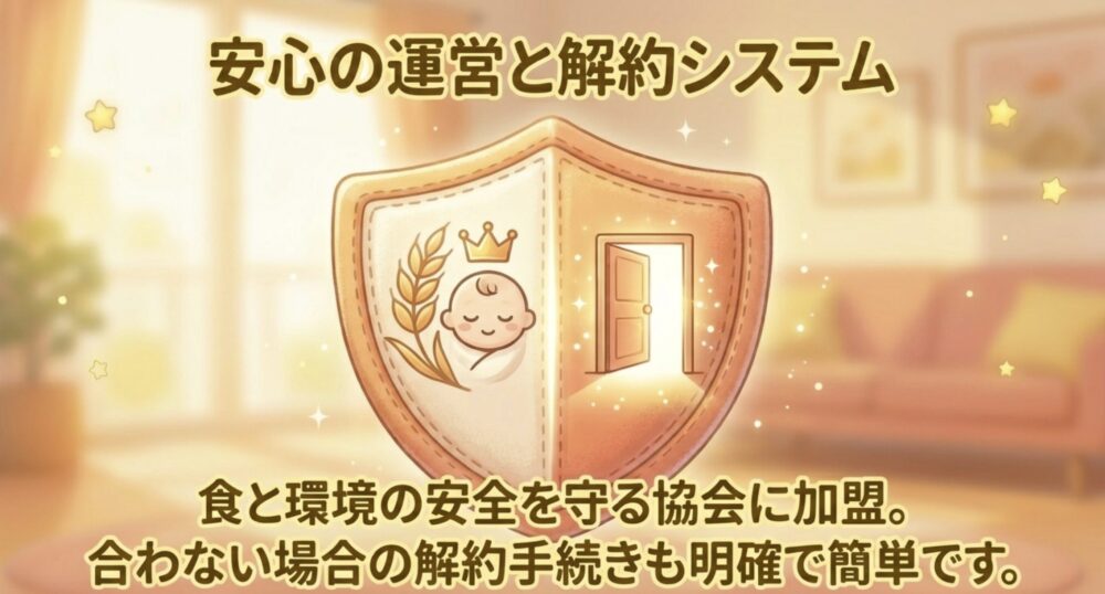食と環境の安全を守る協会に加盟しており、合わない場合の解約手続きも明確で簡単であることを示すスライド