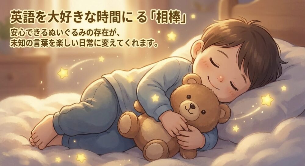安心できるぬいぐるみの存在が、未知の言葉を楽しい日常に変えてくれることを説明するスライド