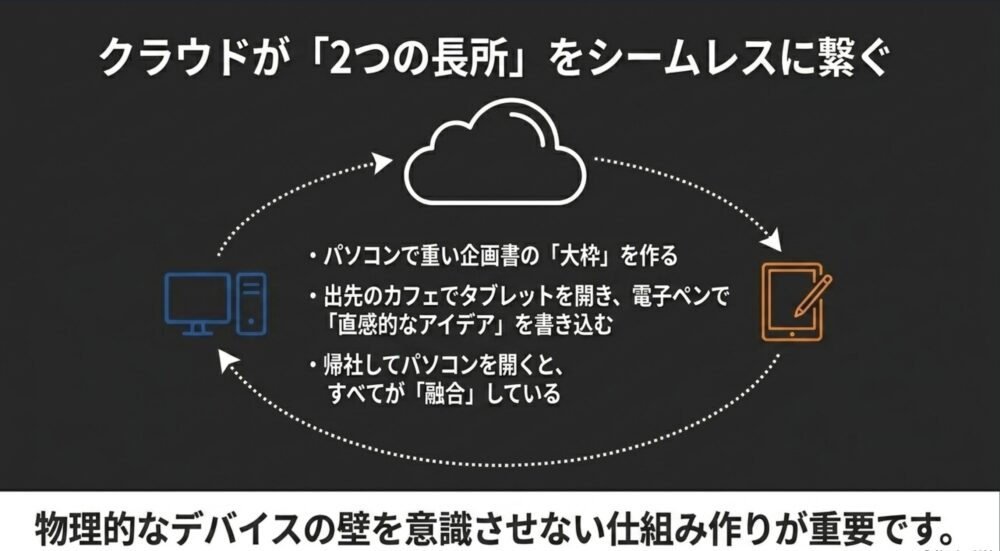 クラウドがパソコンとタブレットの2つの長所をシームレスに繋ぎ、物理的な壁を意識させない仕組みを作る