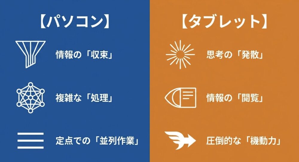 パソコンは情報の収束と複雑な処理、タブレットは思考の発散と情報の閲覧という役割の違い
