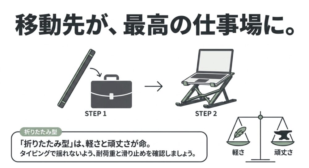 カバンに収納して持ち運べる折りたたみ型スタンドの図と、軽さと頑丈さのバランスを示す天秤のイラスト。 タイピングで揺れないよう、耐荷重と滑り止めの確認を推奨しています。