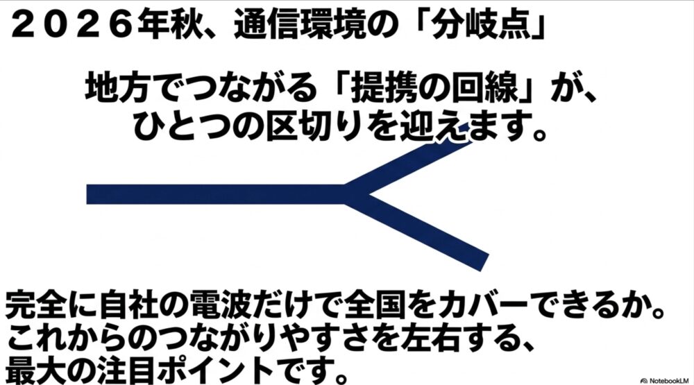 2026年秋に地方でつながる提携回線が区切りを迎え、完全に自社の電波だけで全国をカバーできるかが今後のつながりやすさを左右することを示すスライド