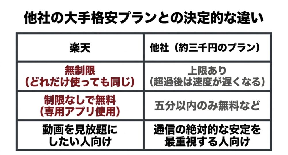 楽天モバイルと他社の大手格安プラン（無制限と上限ありの比較）の決定的な違い