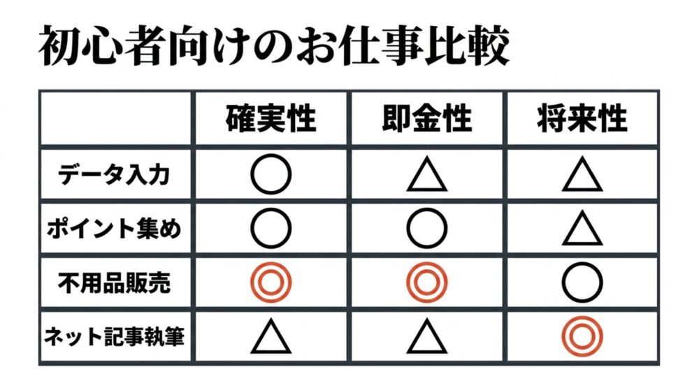 初心者向けのお仕事比較：データ入力、ポイント集め、不用品販売、ネット記事執筆における確実性・即金性・将来性