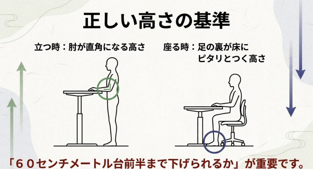 立つ時は肘が直角になる高さ、座る時は足の裏が床にピタリとつく高さという、正しい高さの基準を解説したスライド