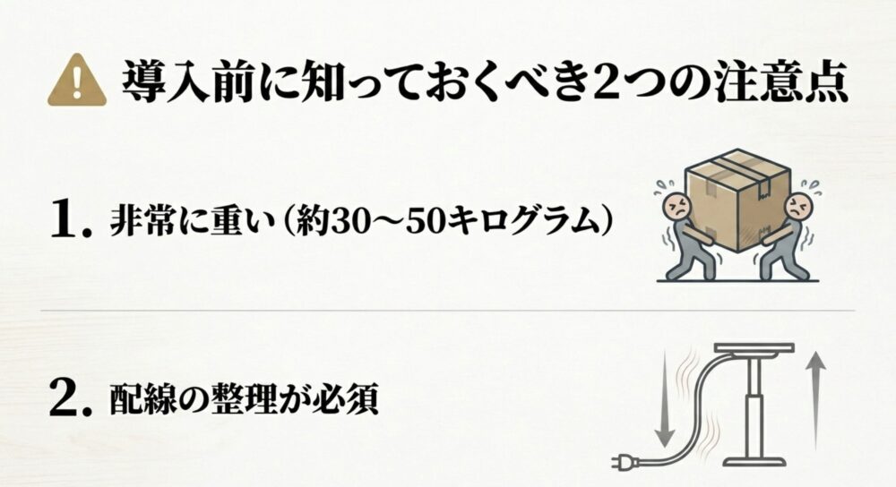 導入前に知っておくべき2つの注意点として、非常に重いことと配線の整理が必須であることを示したスライド