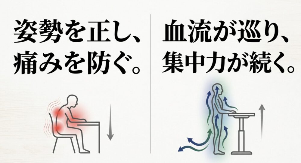 姿勢を正し、血流が巡り、痛みを防ぎ集中力が続くことを説明したイラスト