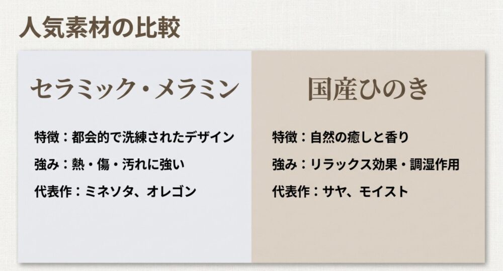 人気素材の比較。都会的なセラミック・メラミンと、自然の癒しがある国産ひのきの特徴