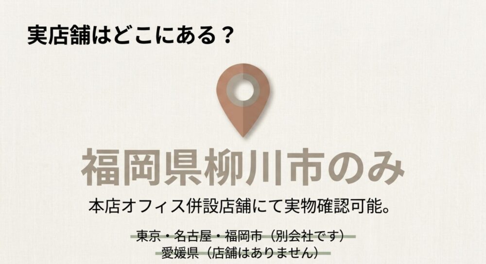 実店舗の場所。福岡県柳川市のみで、東京や名古屋の別会社、愛媛県には店舗がないことの注意書き
