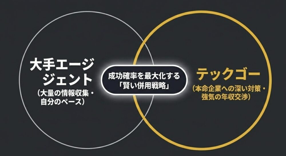 大量情報の収集や自分のペースで進める大手エージェントと、本命企業への深い対策や強気の年収交渉を行うテックゴーの賢い併用戦略