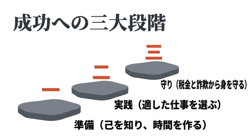 成功への三大段階：準備（己を知り、時間を作る）、実践（適した仕事を選ぶ）、守り（税金と詐欺から身を守る）
