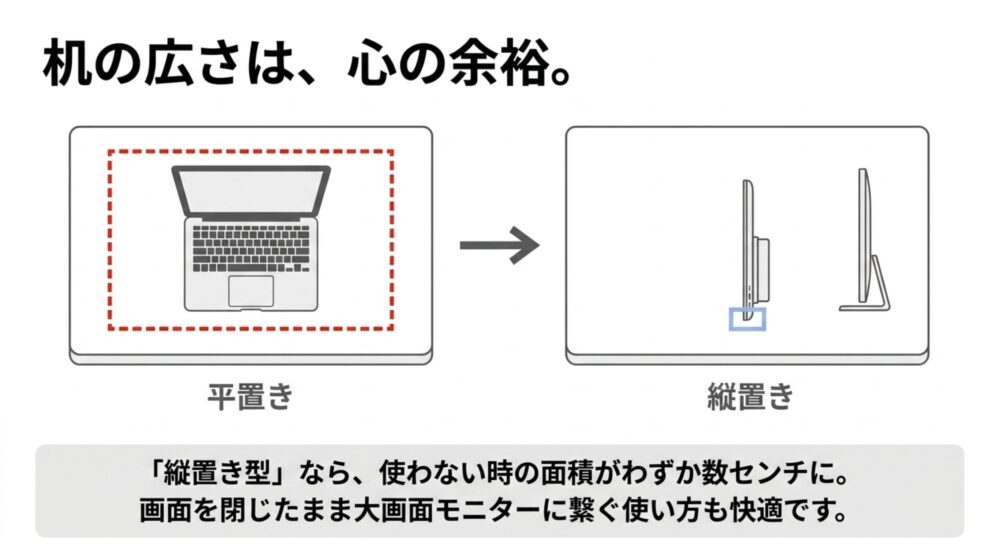 平置きと縦置きの占有スペースを比較した図。 縦置き型なら使わない時の面積がわずか数センチになり、画面を閉じたままモニターに繋ぐ使い方も快適であることが説明されています。