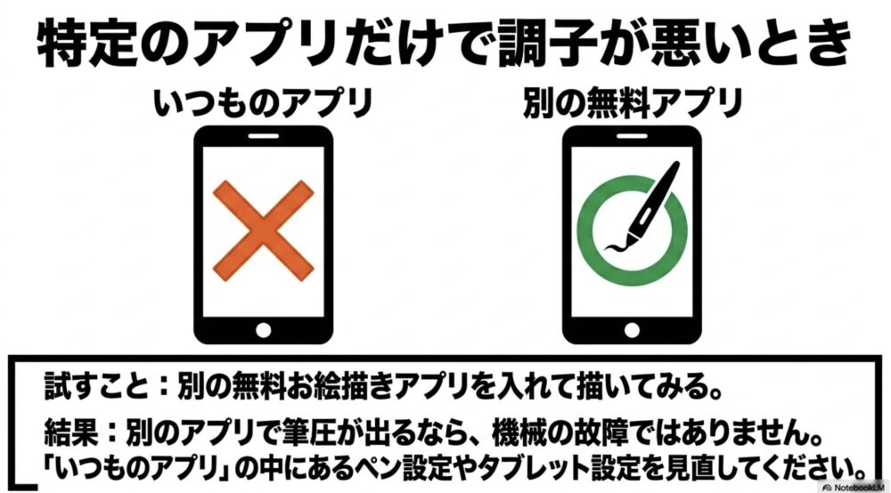 いつものアプリで不具合が出た際に、別の無料アプリを入れて筆圧が出るか試すテスト方法