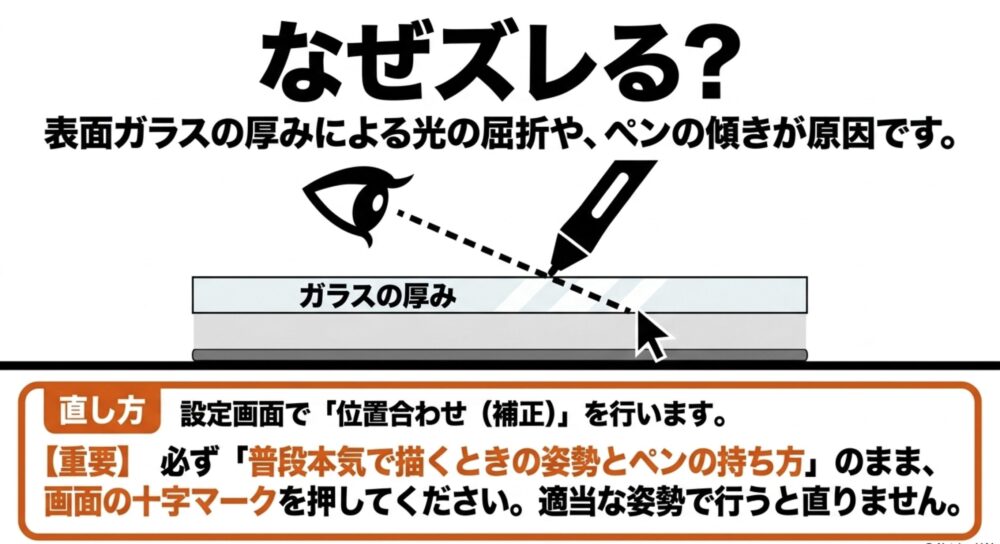 ガラスの厚みやペンの傾きによるズレの原因と、普段の姿勢で十字マークを押す位置合わせの手順