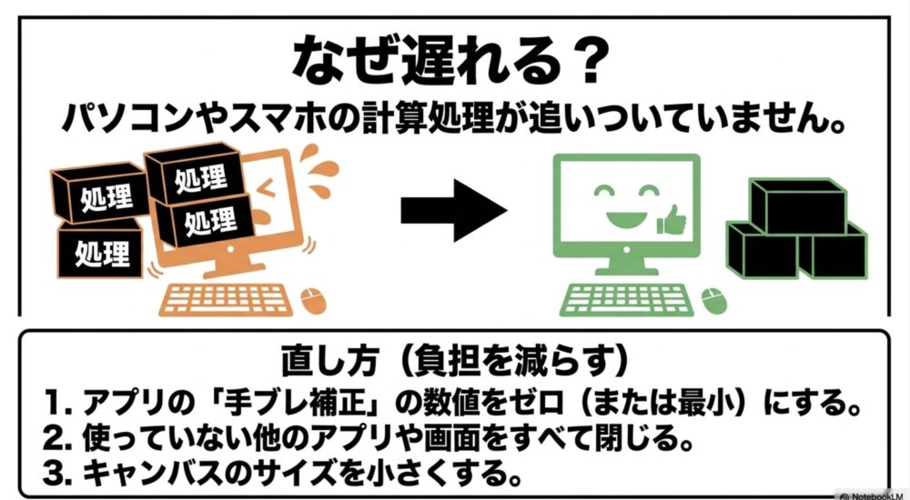 パソコンやスマホの処理不足による遅延の原因と、手ブレ補正をゼロにするなどの負担を減らす直し方