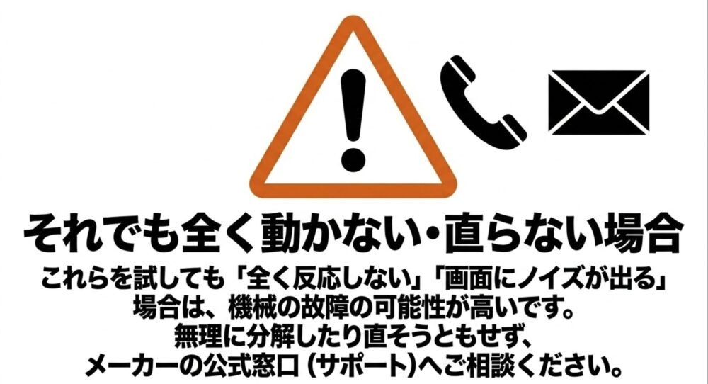 対策を試しても全く反応しない場合は機械の故障の可能性が高いため、メーカーの公式窓口へ相談する案内