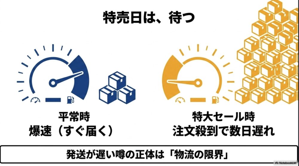 平常時はすぐ届くが、特大セール時には注文殺到で数日遅れが発生するという発送遅延の理由