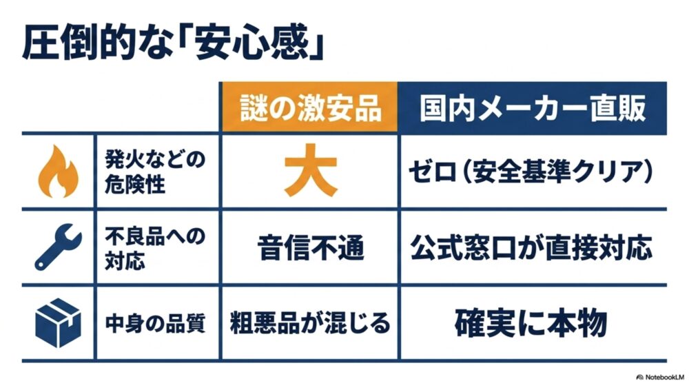 発火などの危険性がゼロで、不良品には公式窓口が直接対応する国内メーカー直販の安心感の図解